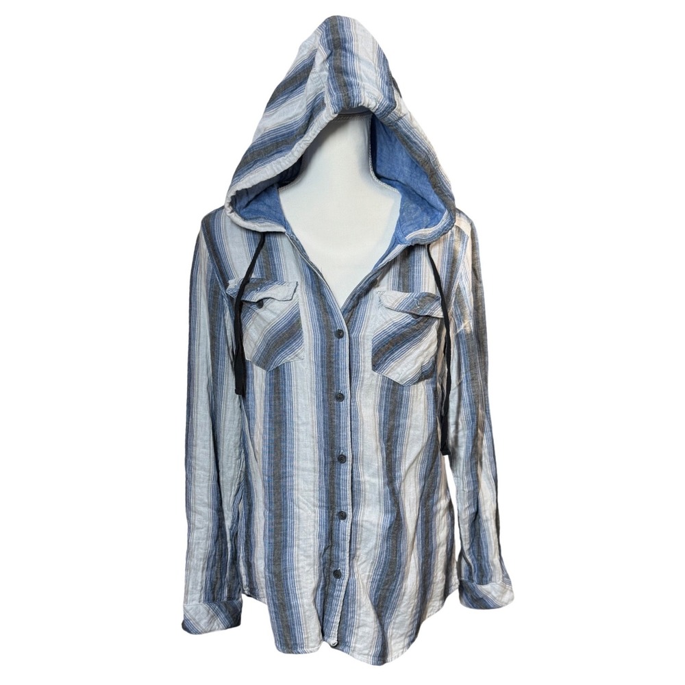 Boston Traders Hooded Button Up Shirt M Blue Grey Striped Excellent Long Sleeve